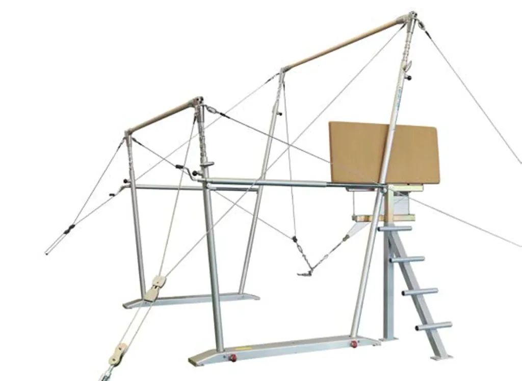 A silver metal frame holding two wooden bars with a tan fibre-leather-covered padded access platform, ladder, and stabilizing cables.