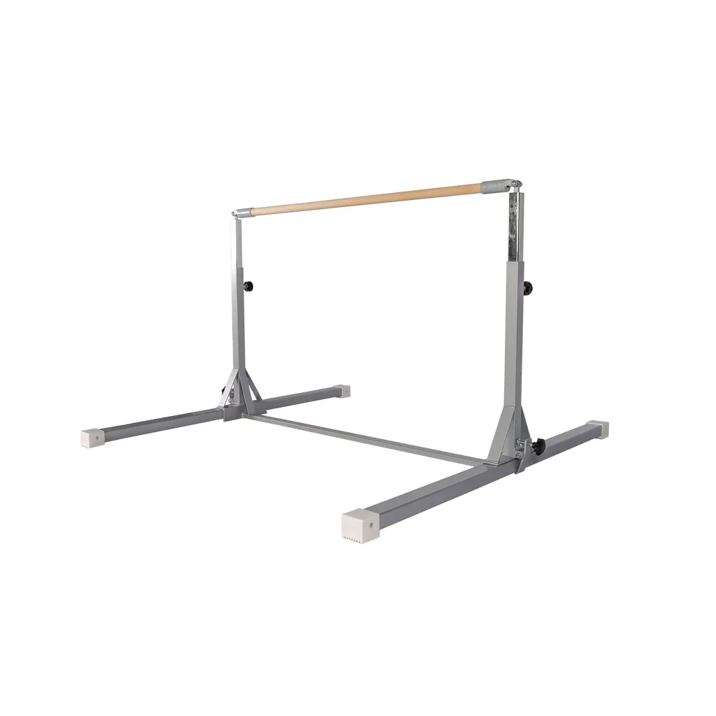 Children's horizontal bar with maple-wrapped fiberglass upper bar mounted on a carbon steel adjustable base with three-point locking.
