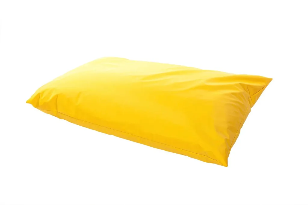 Large yellow floor cushion for children with a removable 100% cotton cover and a low rectangular shape.