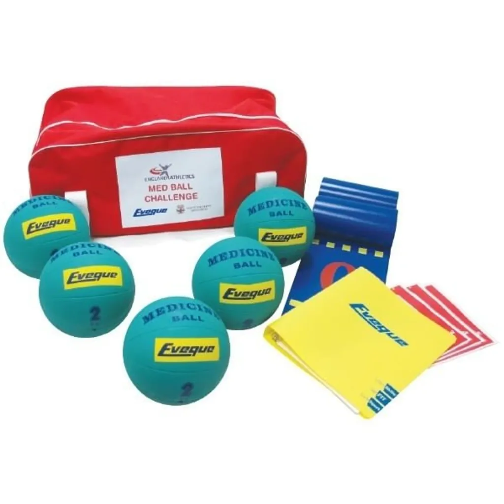 Red carrying bag labeled 'MED BALL CHALLENGE' with five vinyl medicine balls, graduated measuring mats, activity cards and ring binder.