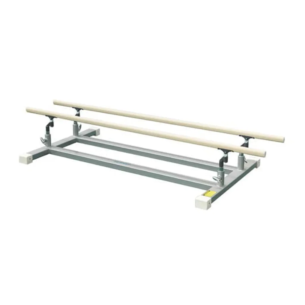 Pair of low parallel bars with fibreglass rails wrapped in wood mounted on a metal frame with adjustable locking devices.