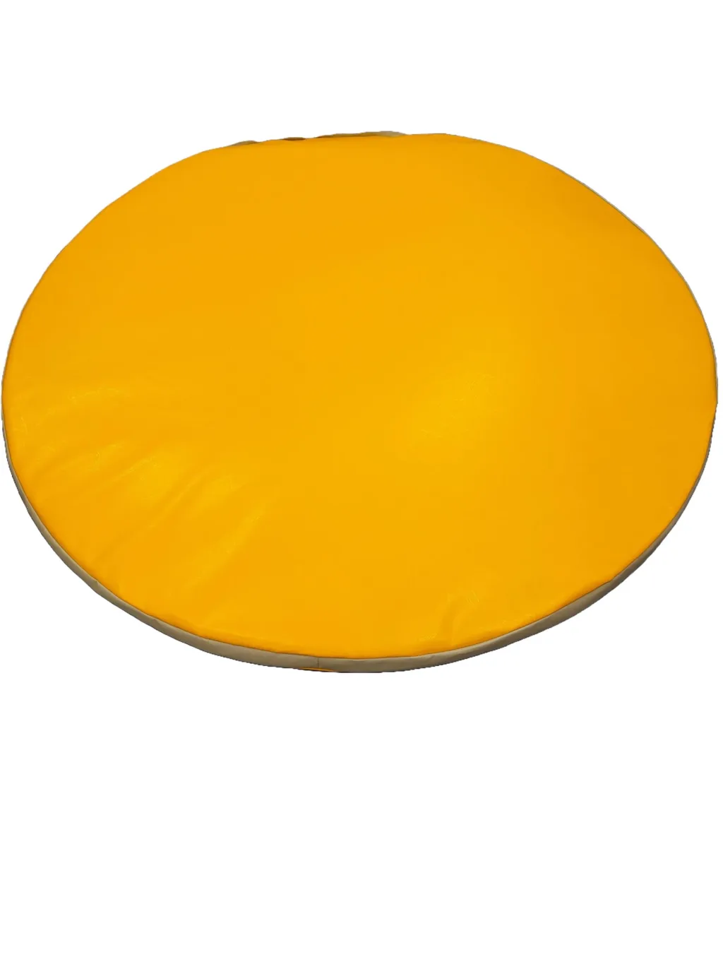 Baby circle mat with bright yellow wipe-clean, tear-resistant FR phthalate-free cover over a round low-profile foam play pad for infants and toddlers.