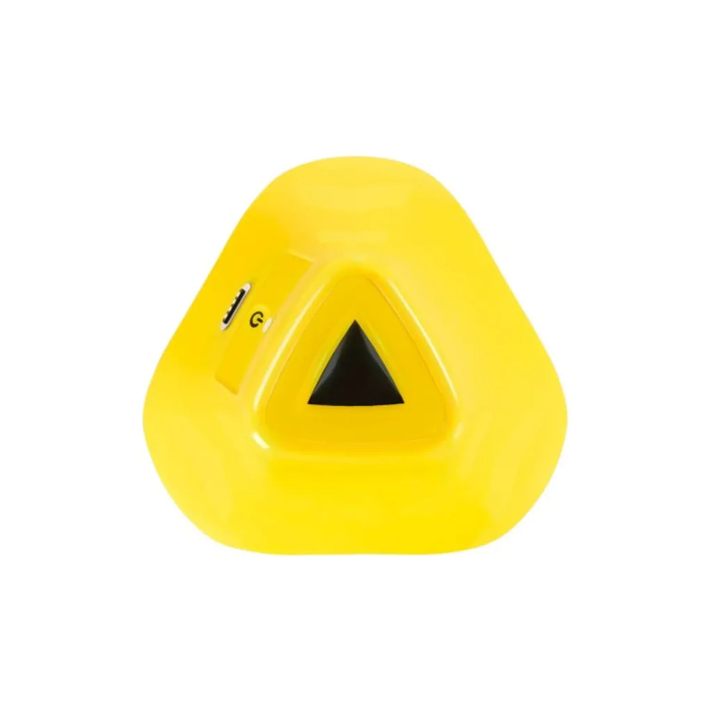 Yellow triangular rechargeable starter device with a central black triangular button and a side charging port and power symbol.