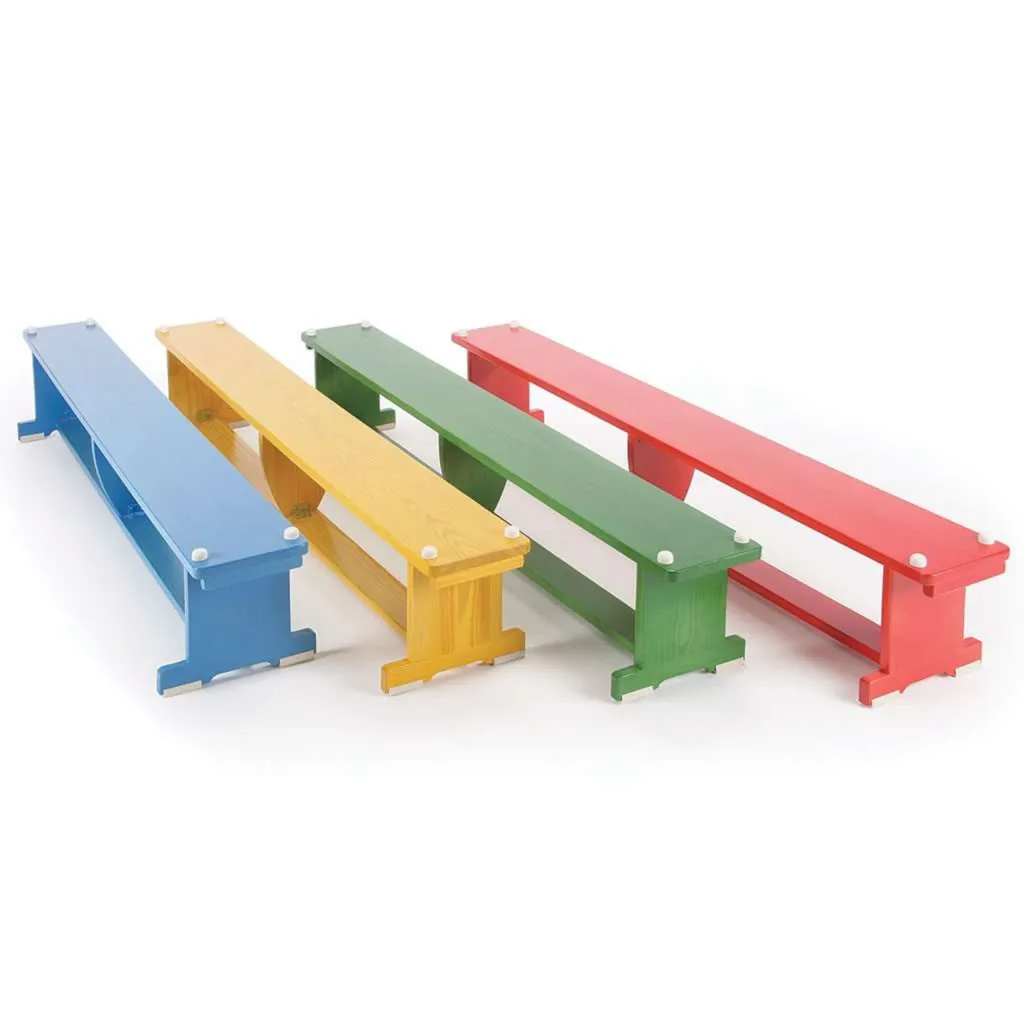 Set of four school balance benches for children in blue, yellow, green and red with non-marking rubber feet.
