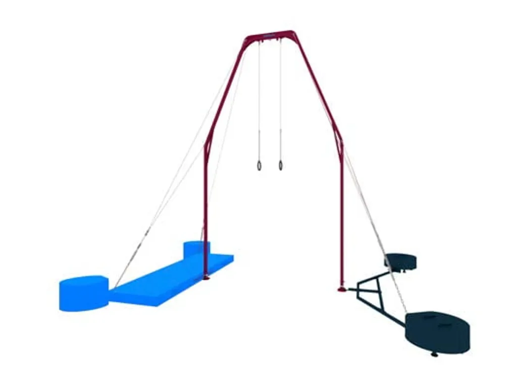 Square-tube welded arch with two hanging rings, supported by cables and large carbon steel counterweights on each side.