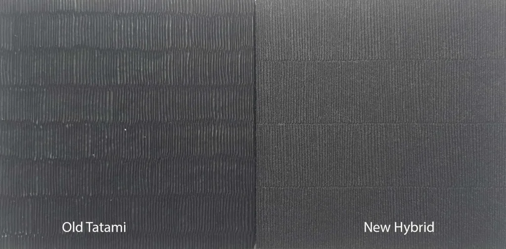Two black PVC mat panels side-by-side with different ribbed textures, left labeled Old Tatami and right labeled New Hybrid.