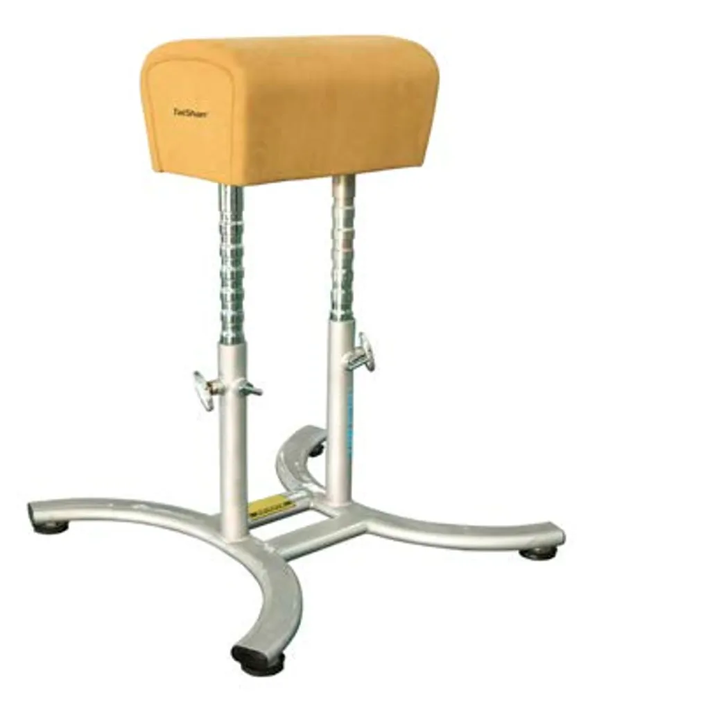 Tan padded vaulting buck head on two adjustable silver metal columns attached to a four-legged silver base.