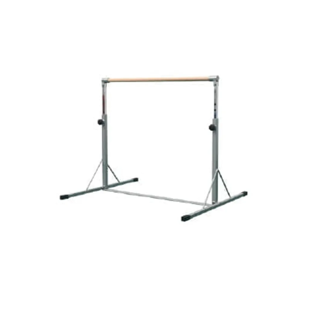 Kids adjustable high bar with a maple wood top bar, fibreglass core, and a carbon steel base featuring a three-point locking device.