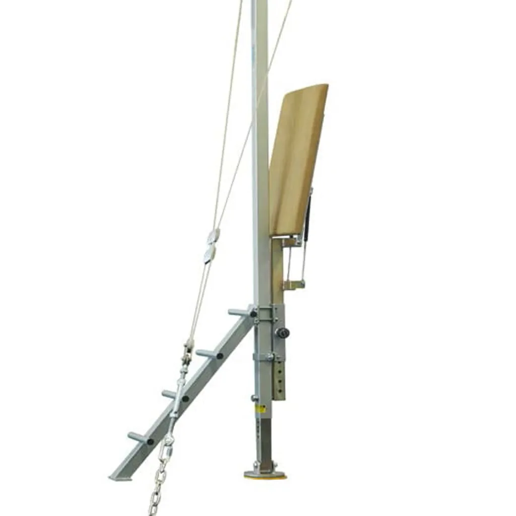 Ring access platform with plywood bench with PVC cover and high-density foam on adjustable metal post with ladder steps, cables and chain.