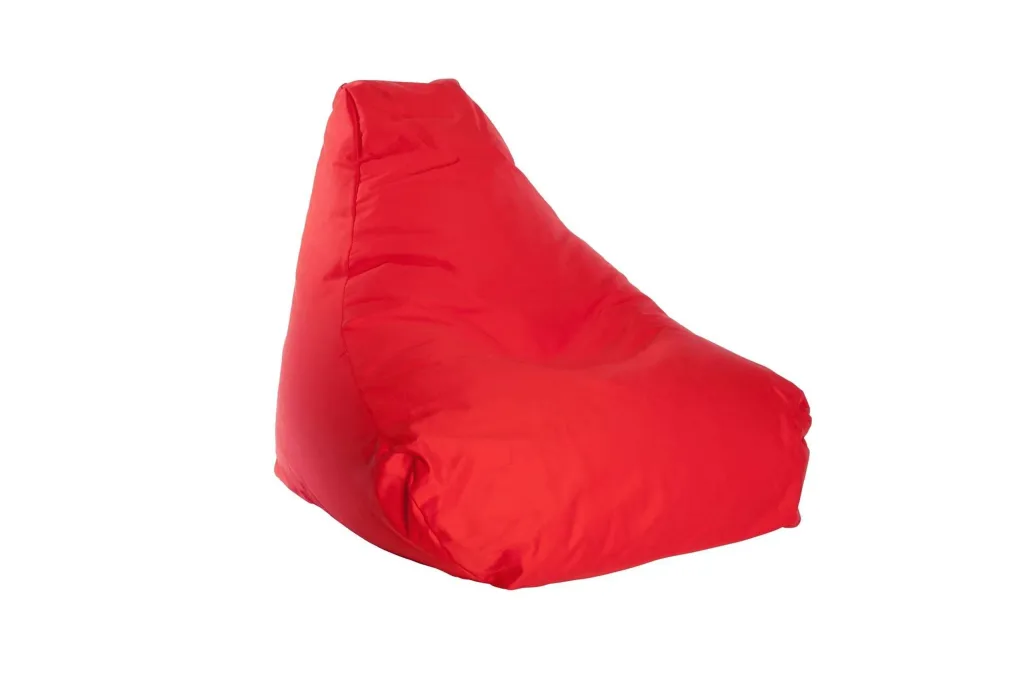 Red cotton child-sized bean chair with added back support and removable liner.