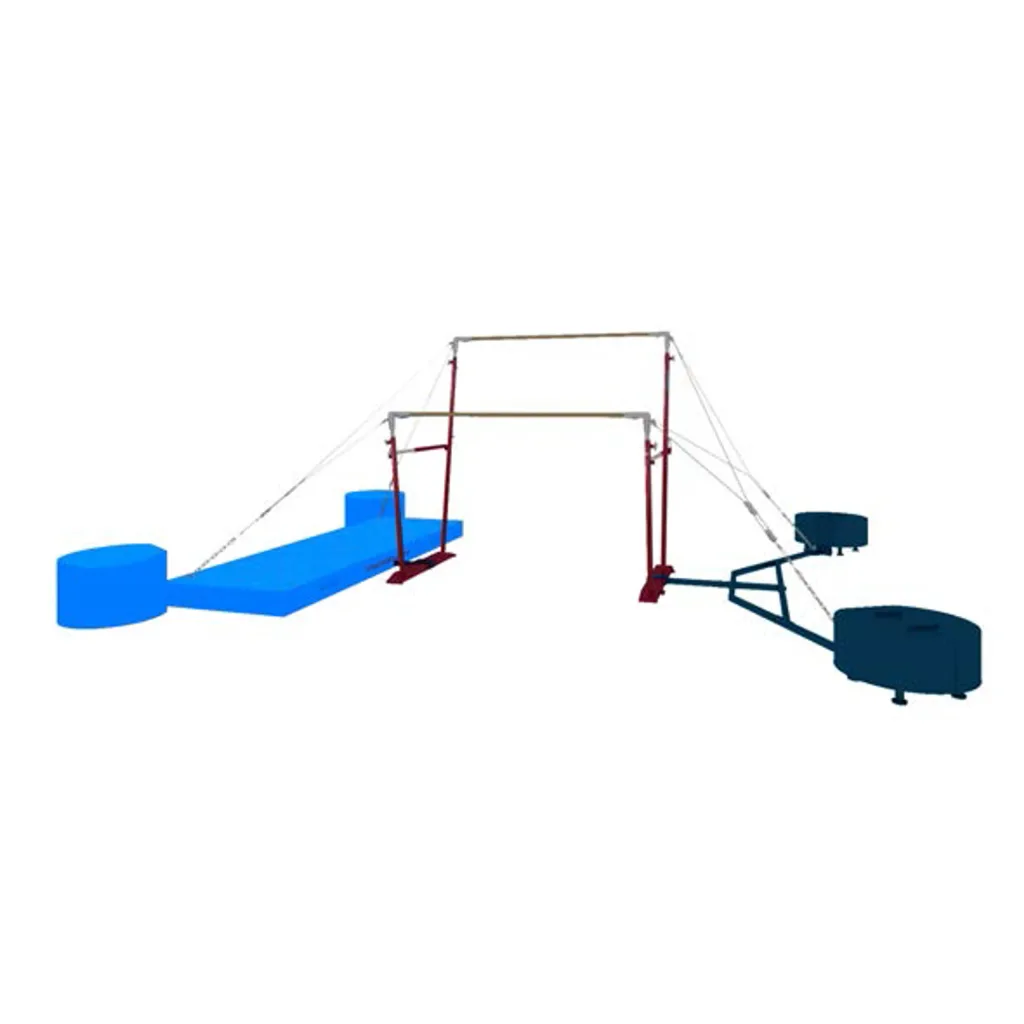 Uneven bars setup with two pairs of uprights and wooden horizontal bars stabilized by wire-rope anchor weights and rectangular landing mats.