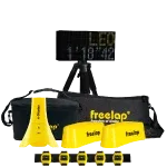 Portable timing kit with black case, LED scoreboard on tripod, and yellow cones and timing sensors labeled freelap.