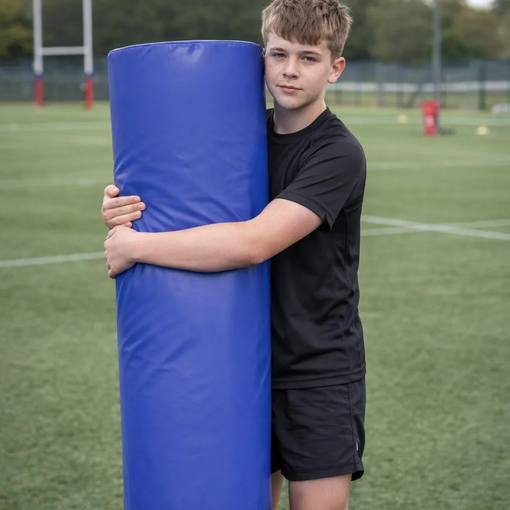 Teenage boy in black kit hugging a tall blue rugby tackle bag with sewn heavy duty PVC cover on a grassy pitch.