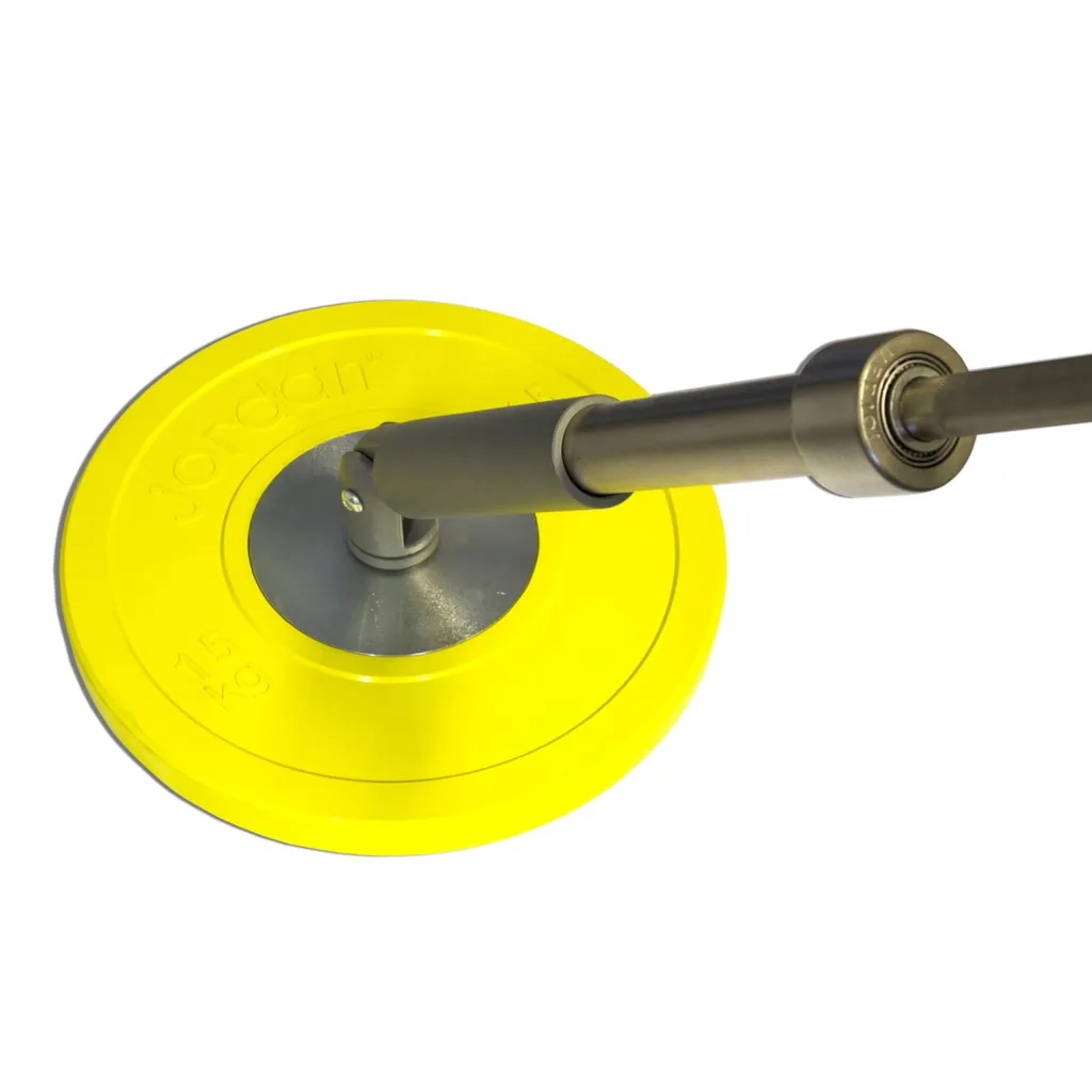 Yellow weight plate marked "15 kg" fitted with a metal portable core trainer bar and sleeve.