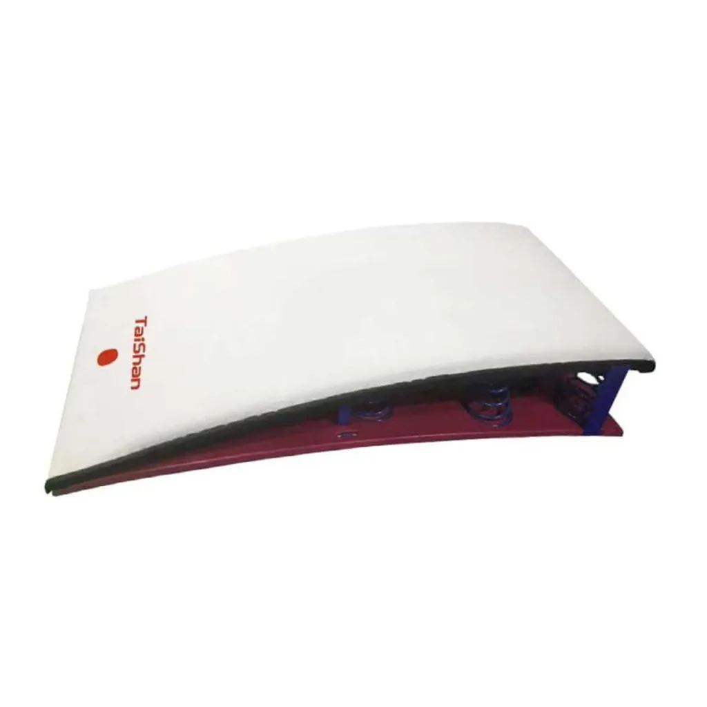 White competition springboard with Taishan printed on top, black edge, visible springs, and a birch wood base.