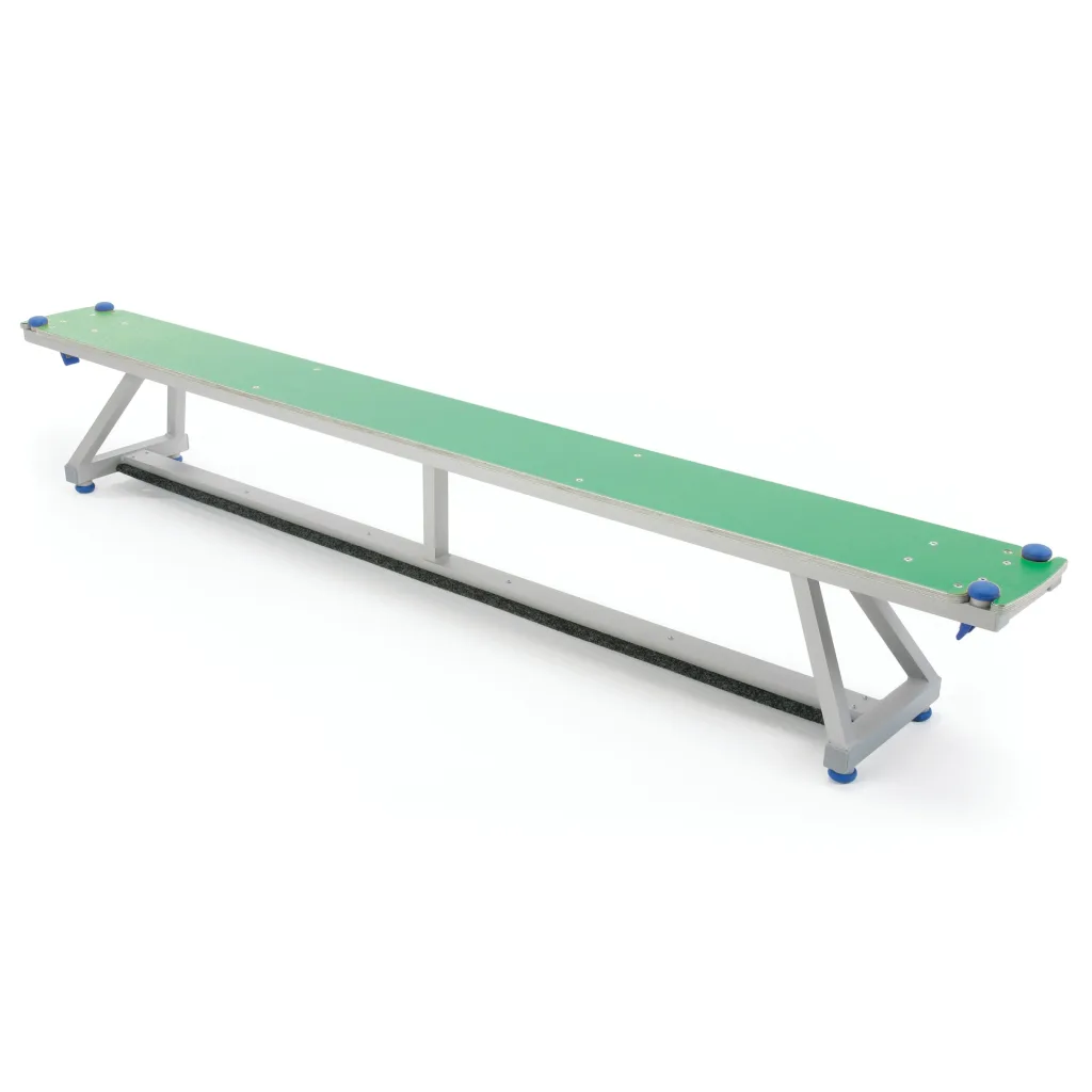 Long aluminium bench with a green top, angled support legs and blue rubber feet.