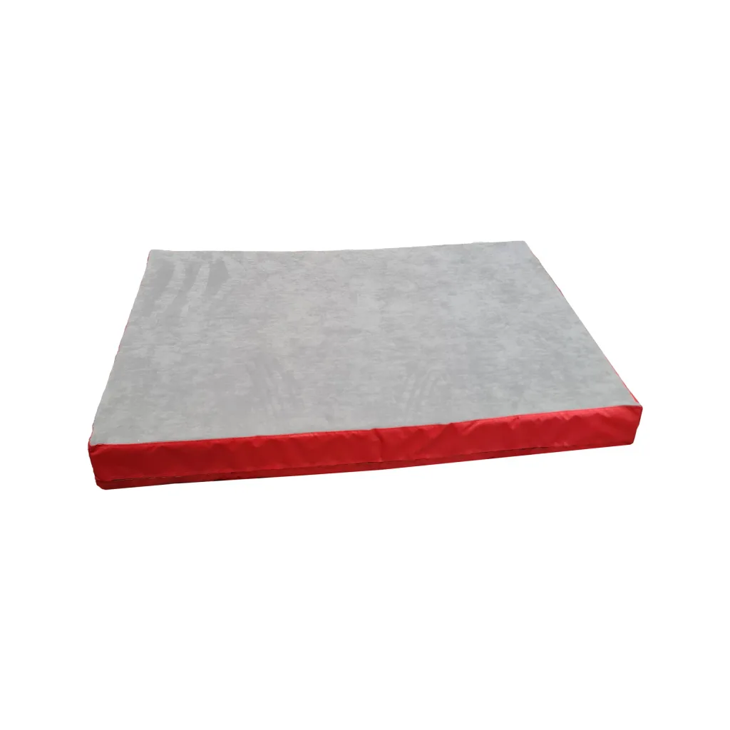 Crash mat with a grey jersey fabric top and red PVC sides, flat rectangular landing mat with handles.