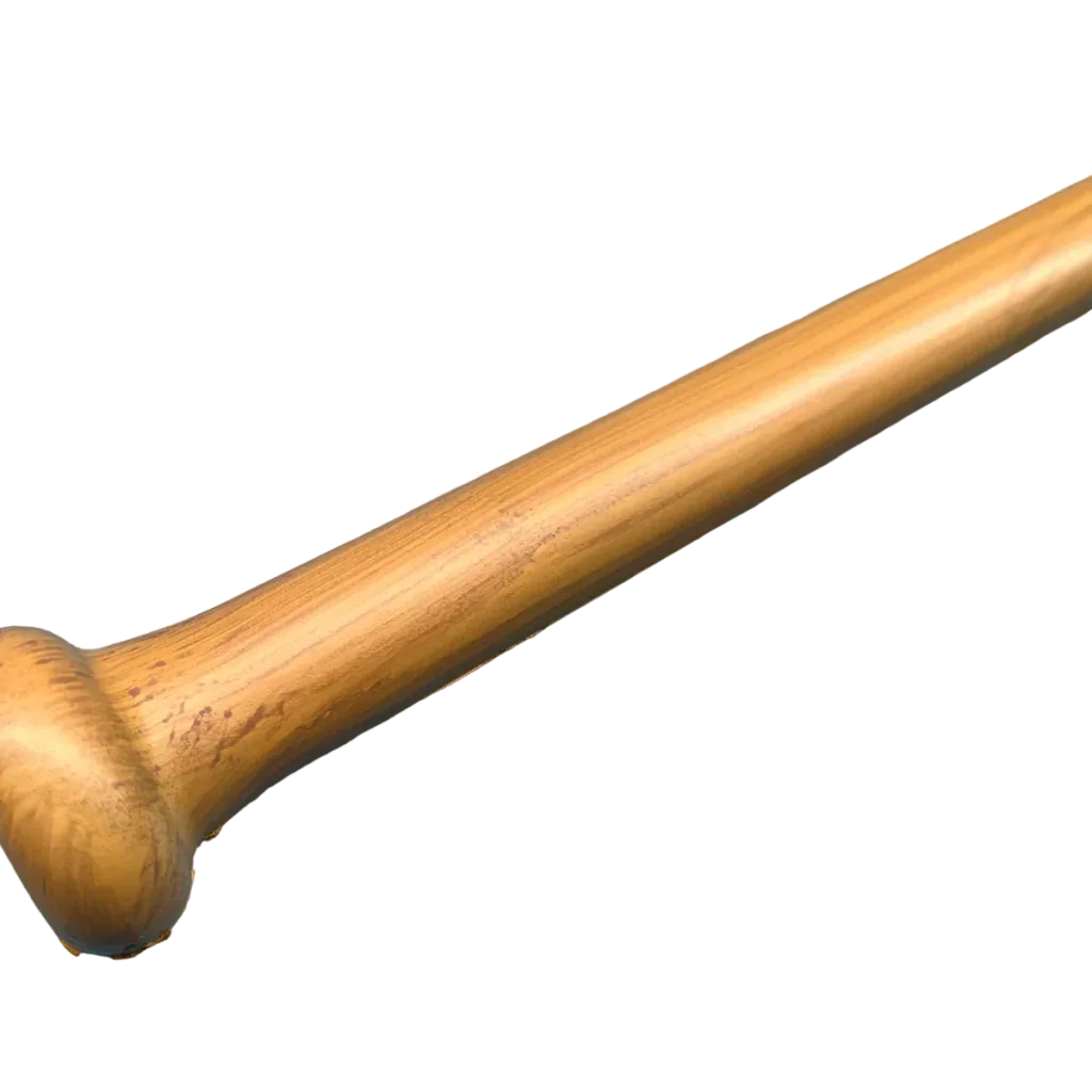 Hyper-realistic baseball bat prop made from PU foam with a wood-grain finish, shown diagonally with the handle knob visible.