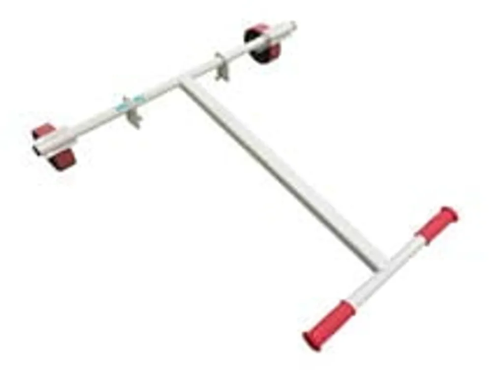 White metal cart for moving parallel bars with a T-shaped handle, red grips, and red caster wheels.