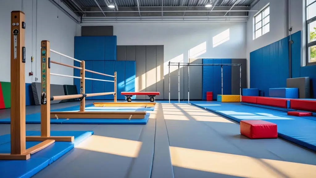 Wooden uneven bars on blue floor mats in a sunlit gymnastics gym with padded walls, a red bench, and colored foam blocks.
