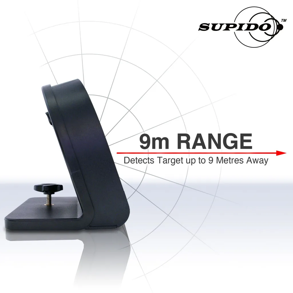 Black speed radar on a small angled mount with adjustment knob, labeled '9m RANGE' and 'Detects Target up to 9 Metres Away'.