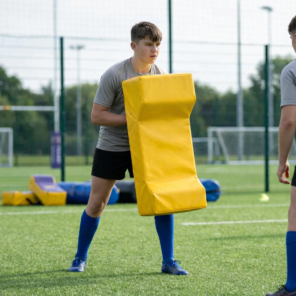 Young player in gray shirt and blue socks holding a yellow PVC rucking shield on an artificial turf training pitch.
