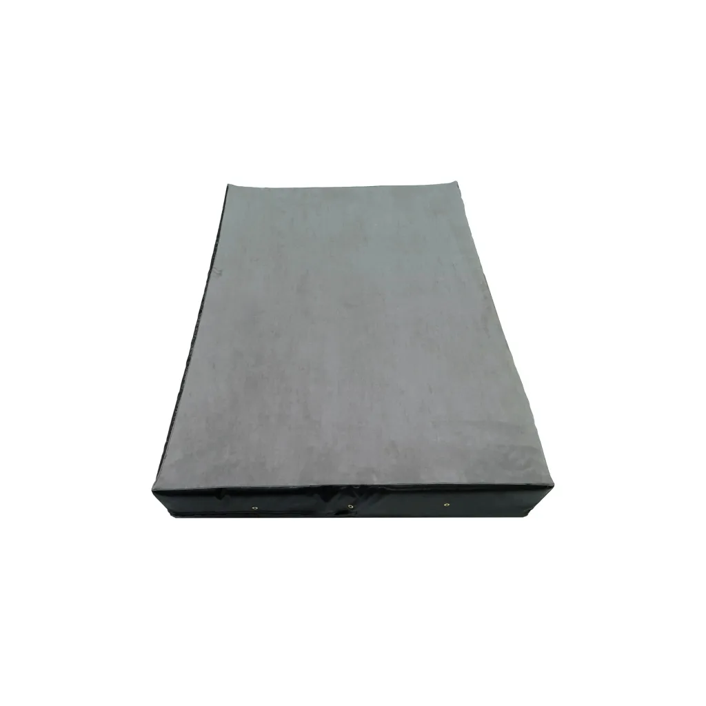 Crash mat with jersey fabric top, black PVC sides, a zipped cover, and visible breather grommets on the base.