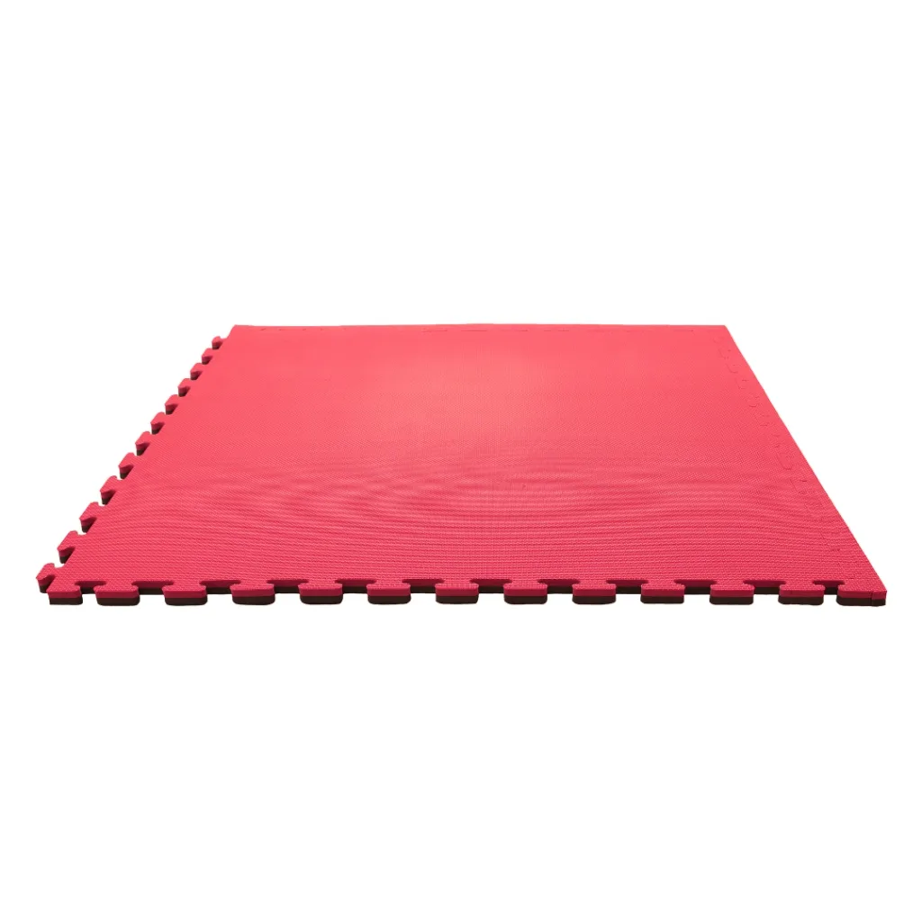 Red/black reversible interlocking EVA foam jigsaw mat shown flat with edge tabs visible.