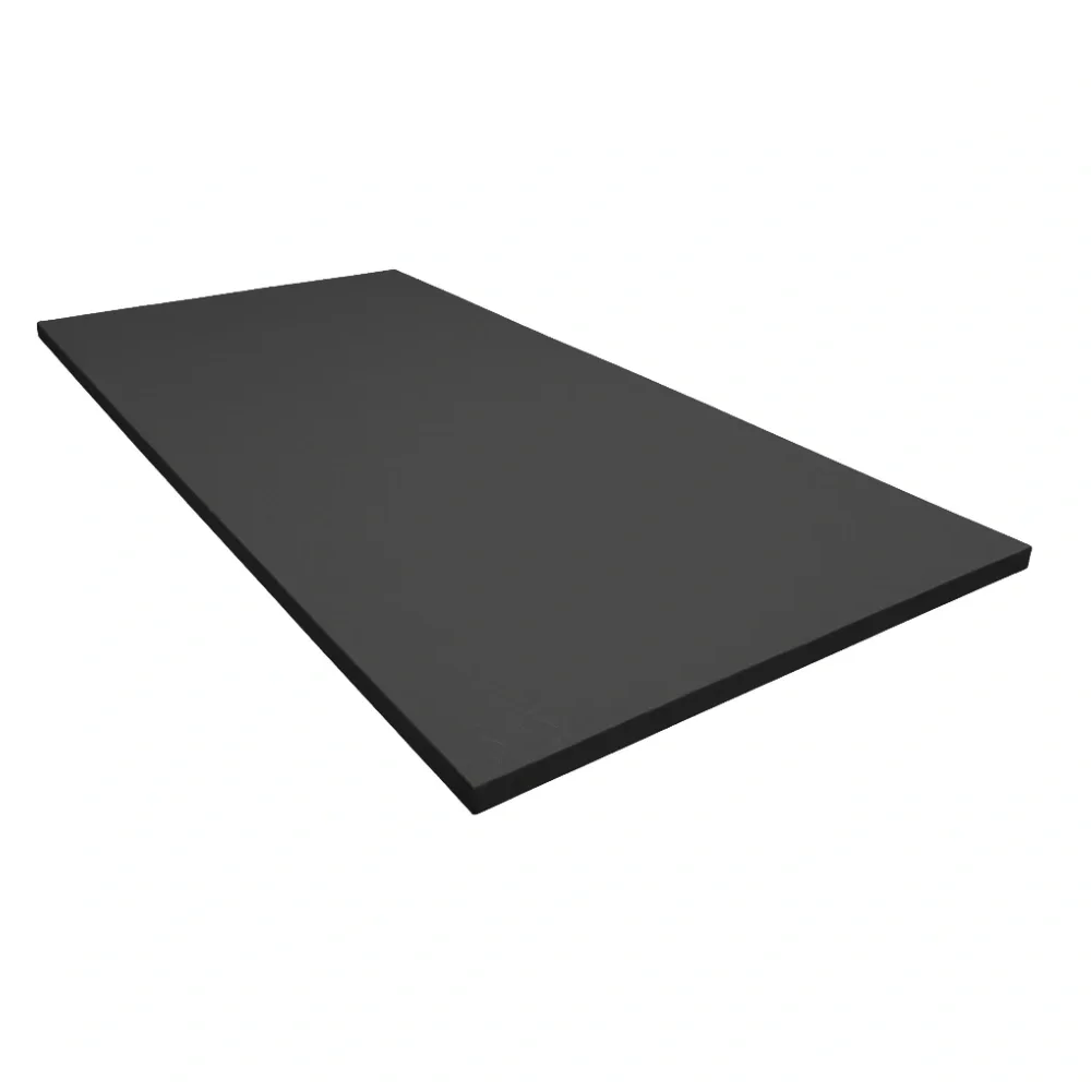 Dark rectangular high-density foam mat with durable, easy-clean surface and waffle anti-slip base, shown flat at an angle.
