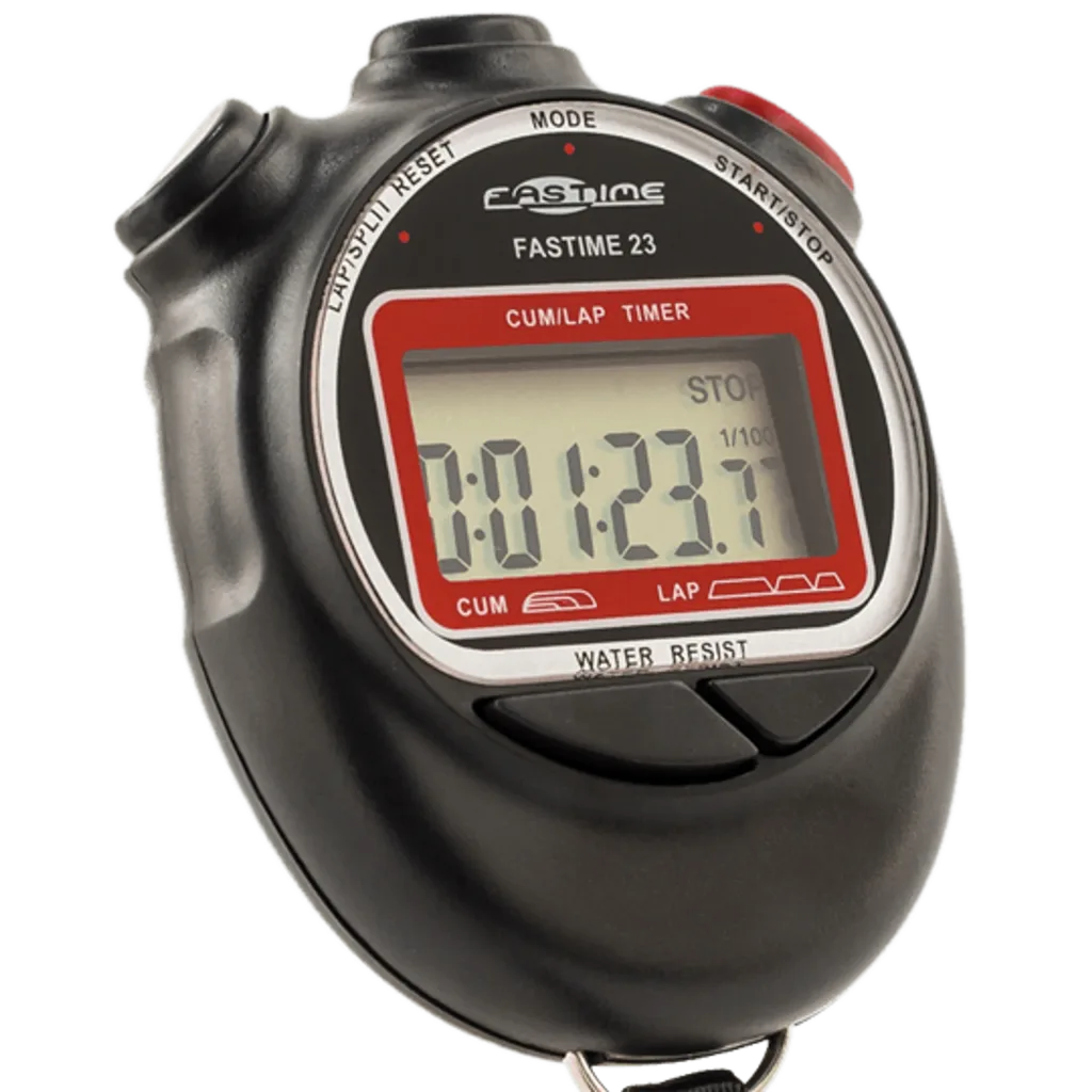 Black handheld stopwatch showing FASTIME 23 on its face and digital display reading 0:01:23.7 with STOP.