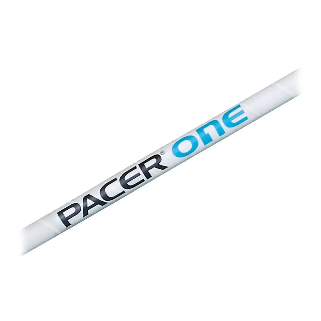 White fibreglass pole vault pole with "Pacer one" printed along the shaft.