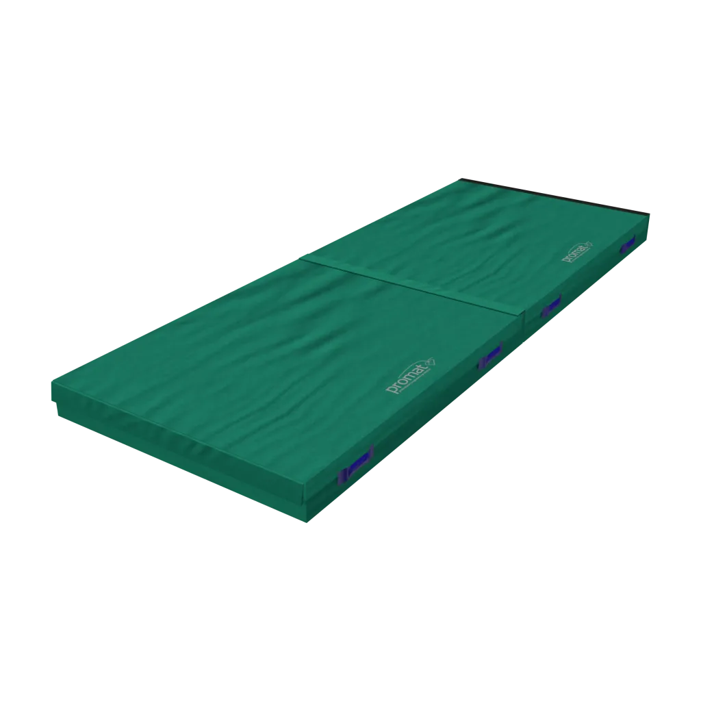 Green connecting safety mat folded into two panels, "promat" printed on top, with blue carry handles and a hook-and-loop connector seam.