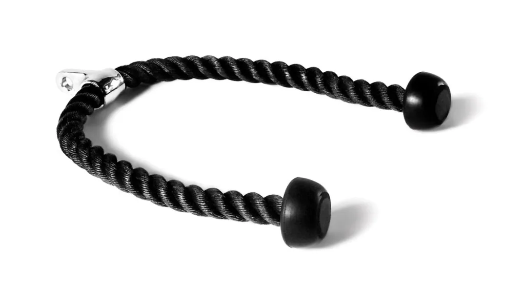 Black twisted tricep rope cable attachment with rubber end caps and a chrome swivel mounting eye.