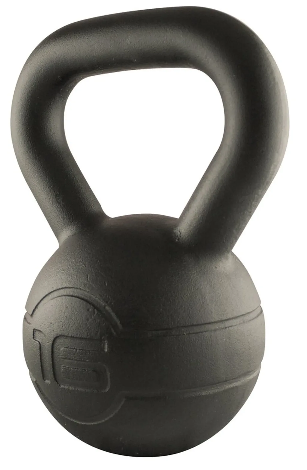 Cast iron kettlebell with a matte coating, wide handle and spherical body embossed with 16.