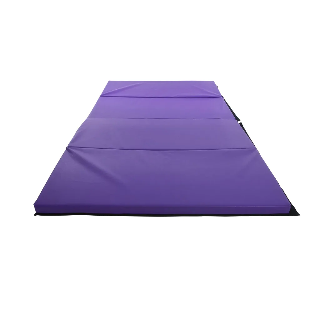 Foldable gym mat in purple heavy-duty PVC showing four fold panels, a black underside edge and a carrying handle.