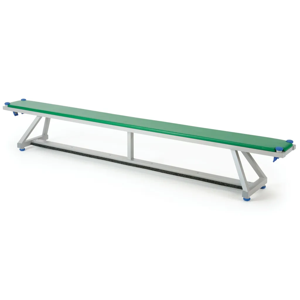 Green upholstered bench with aluminium frame and blue rubber feet on a white background.