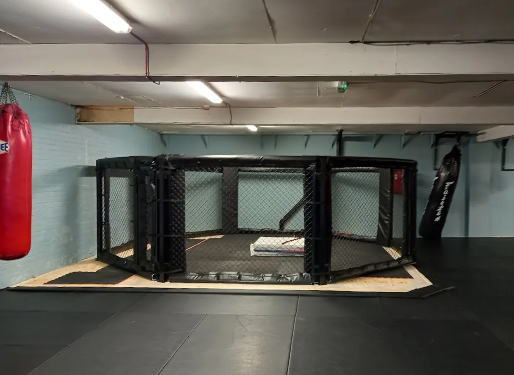 Floor standing MMA cage built from steel and powder-coated, positioned on a wooden platform surrounded by gym mats with hanging punching bags nearby.