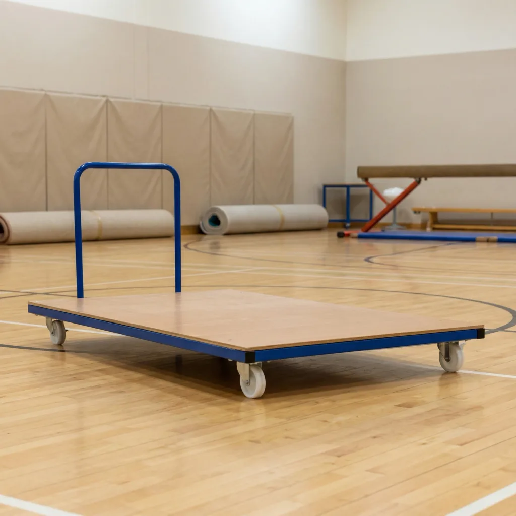 Horizontal mat trolley with blue metal frame, wooden platform and four caster wheels on a gymnasium floor.