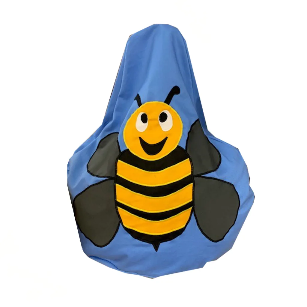 Blue bean bag featuring a smiling yellow-and-black bee applique with gray wings.