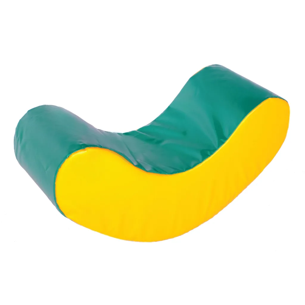 Green and yellow soft-play foam piece shaped like a wavy cushion.