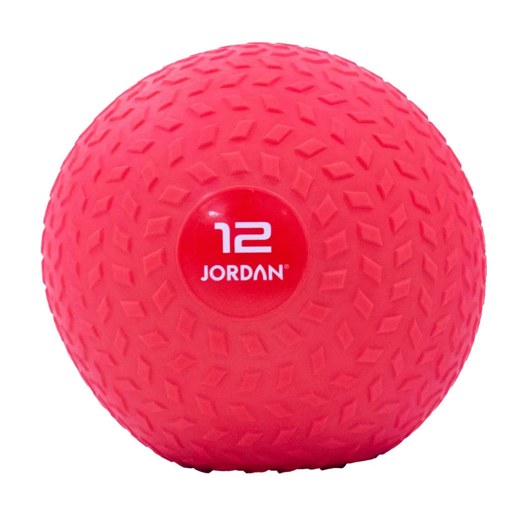 Red textured slam ball with raised diamond pattern and recessed center marked 12.