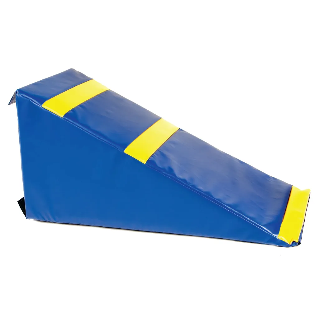 Blue wedge-shaped gymnastics incline mat with three yellow horizontal strips.