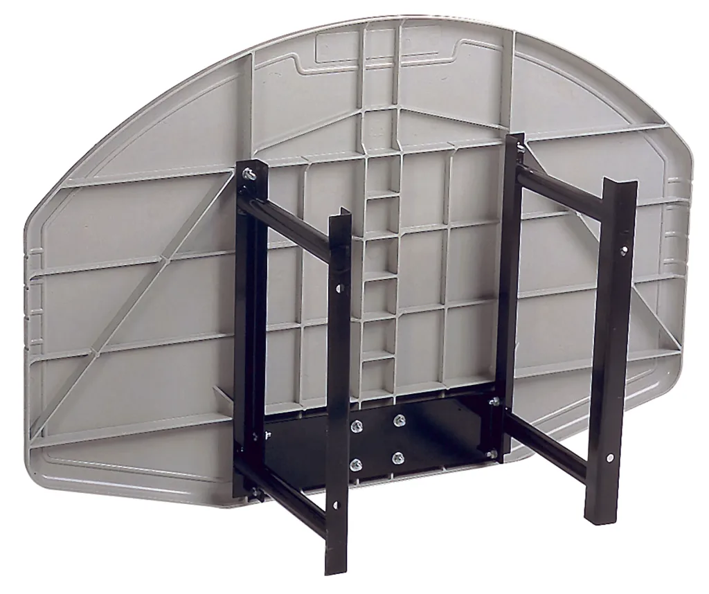Fan-shaped polypropylene backboard in light grey with black steel wall-mount bracket and visible ribbed reinforcement on the underside.
