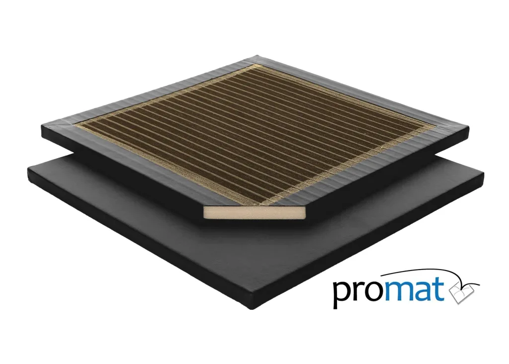 Black lightweight gym mat with leather-effect PVC cover, exposed beige foam core and ribbed brown surface, promat visible.