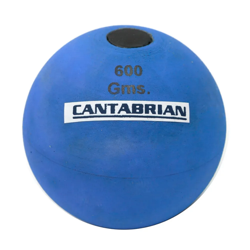 Blue vinyl javelin throwing ball labeled "600 Gms." and "CANTABRIAN" with a black valve at the top.