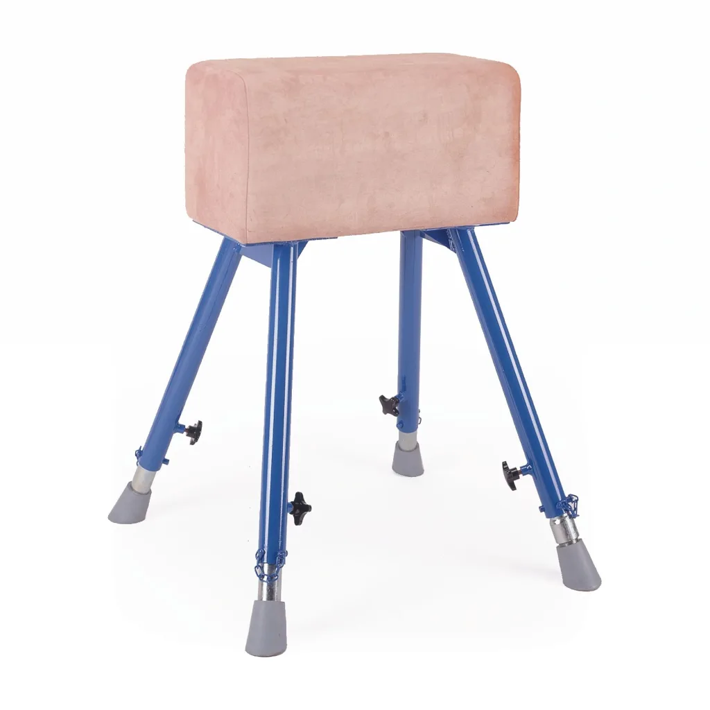 A vaulting buck with a padded hide body on fully adjustable blue steel legs with grey rubber foot caps.