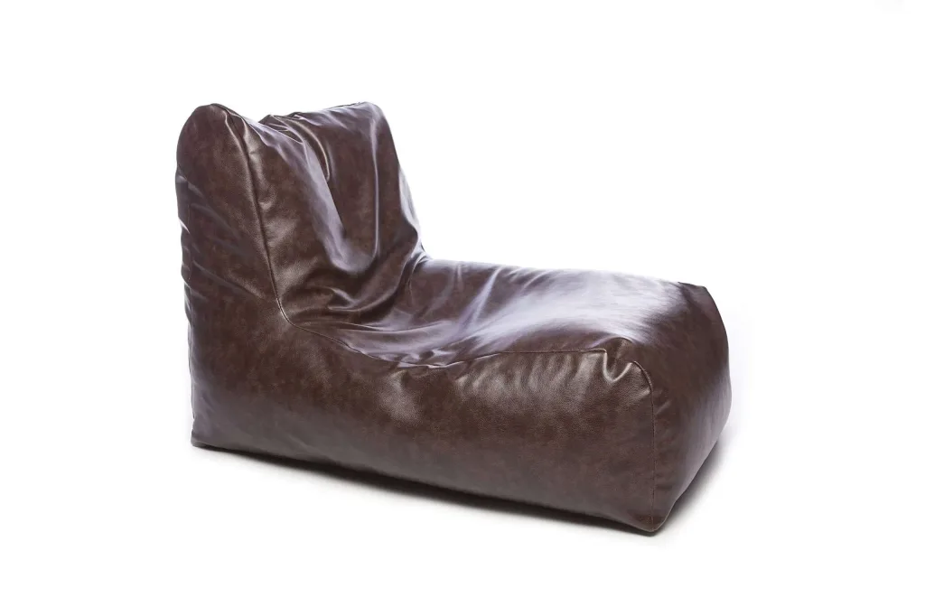 Teen/adult deluxe bean chair in brown faux leather with low back and sloped seat.