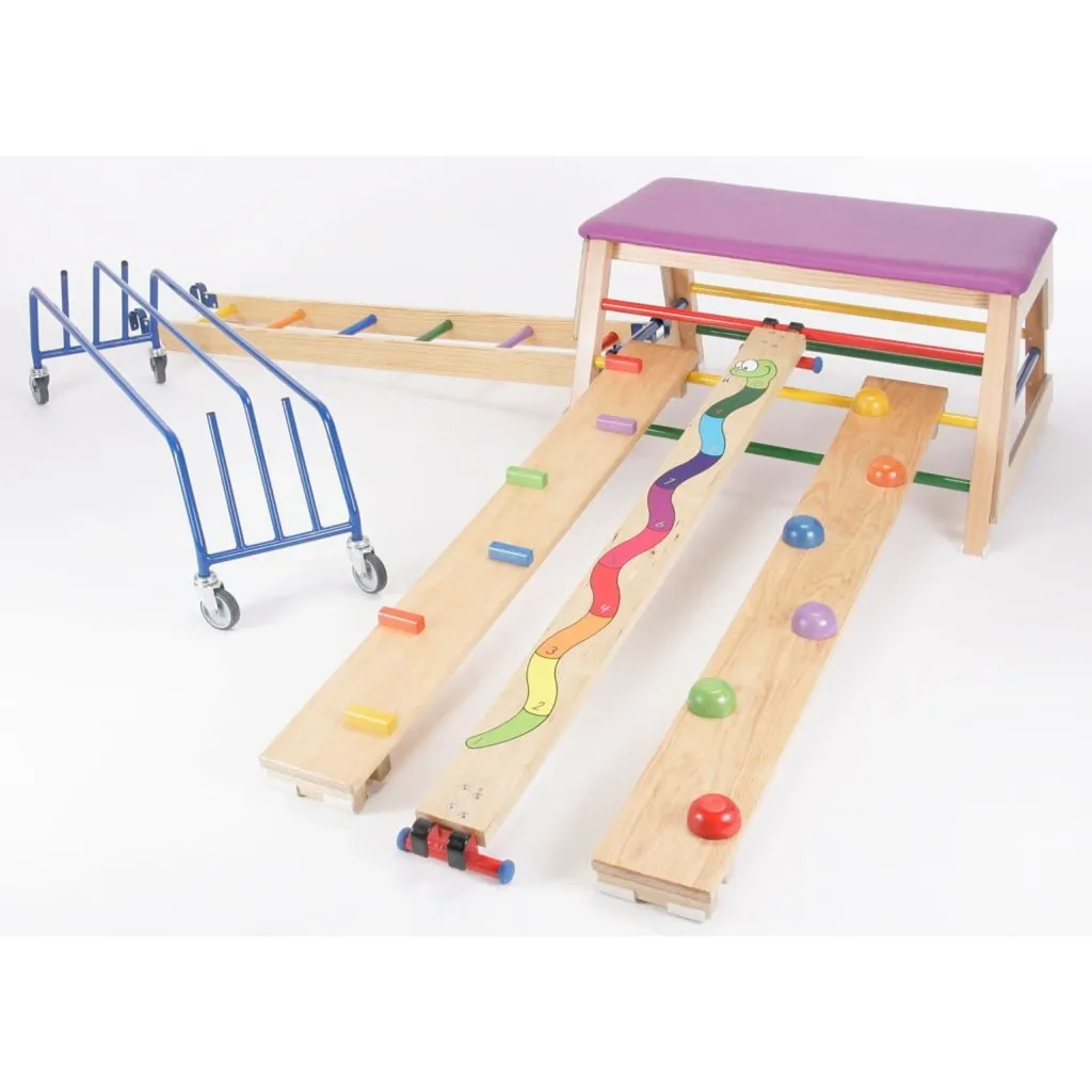 Wooden agility planks with colored grips, a painted rainbow snake and dome stepping stones, a wooden trestle with padded top and colored bars, and a blue equipment trolley.