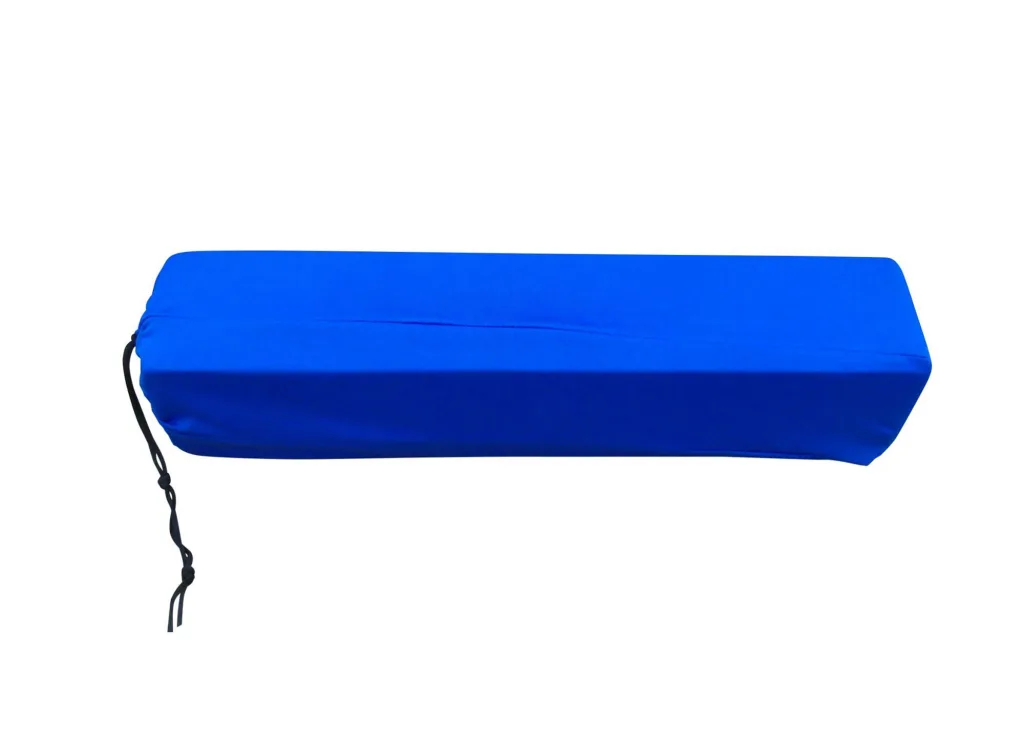 Blue long rectangular fabric-covered block with a knotted black drawstring on one short end, on a white background.