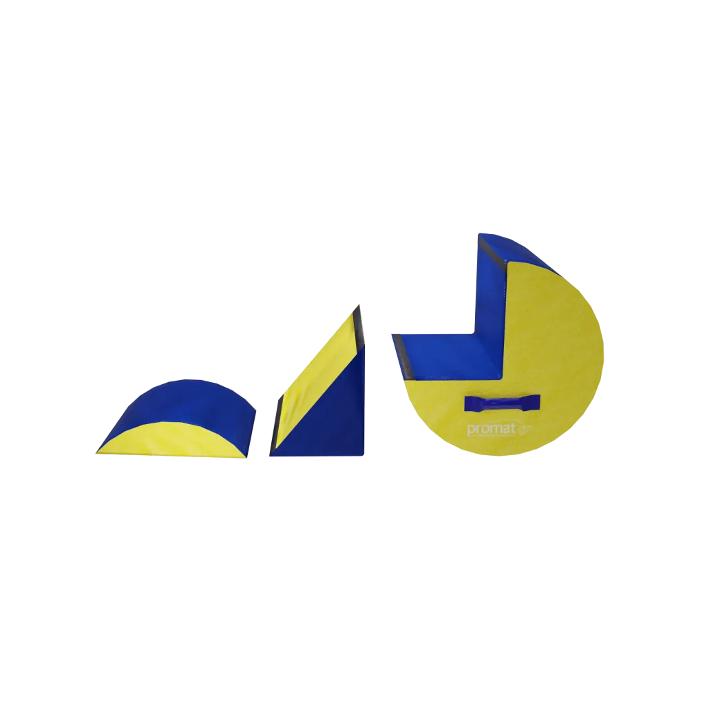 Three roller blocks: small red-and-yellow semicircle, a blue-and-yellow wedge, and large blue-and-yellow L-shaped block with promat and handle.